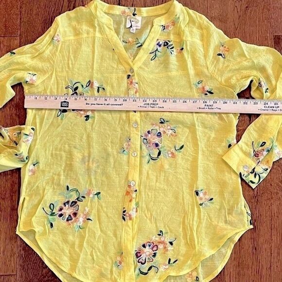 Fig and Flower Blouse Womens M Floral Embroidered Boho Peasant Top Yellow Button - Picture 9 of 12
